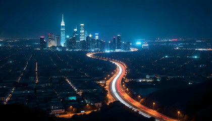 A nighttime aerial view of a large, densely populated city with towering skyscrapers and brightly lit highways and streets