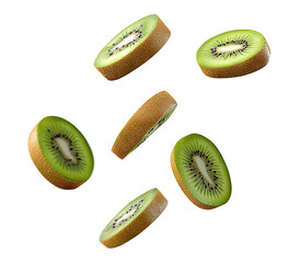 Fototapeta premium Slices of fresh green kiwi floating in the air, isolated on transparent cutout background 