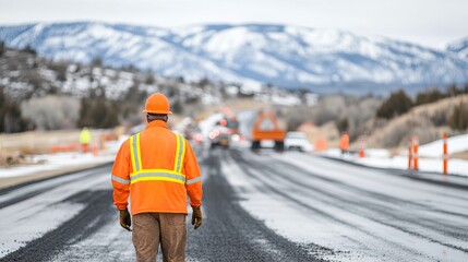 A road construction worker in an orange safety vest stands on a snowy road, overseeing the work with mountains in the background.