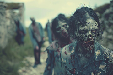 Fototapeta premium Scary sinister zombie wandering in street with dramatic lighting on Halloween, abstract vivid composition consists of fictional unreal fantastic vision on background