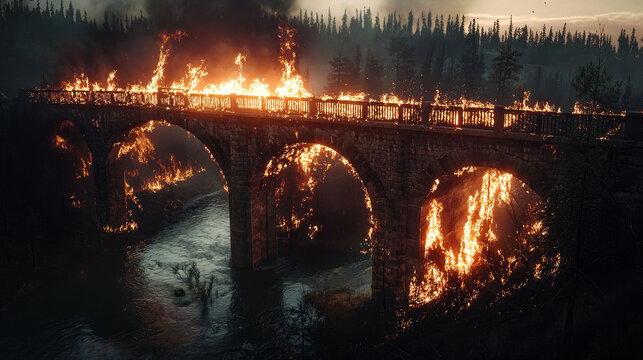 Infernal Bridge: A fiery spectacle consumes an ancient stone bridge over a dark river, set against a backdrop of a burning forest.