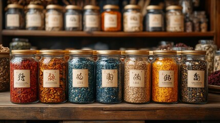 Assortment of Dried Herbs and Spices in Glass Jars