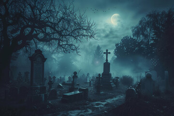 Fantastically mysterious cemetery with tombstones and terribly scary atmosphere, abstract vivid composition consists of fictional unreal fantastic vision on background