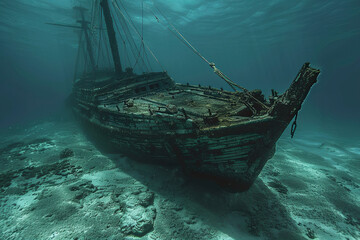 Obraz premium Underwater view of an old sunken ship on seabed with fish swimming around, abstract vivid composition consists of fictional unreal fantastic vision on background
