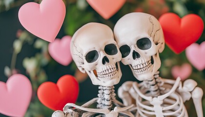 Two skeletons embrace amid floating hearts, symbolizing love and connection, perfect for a playful Valentine's theme.
