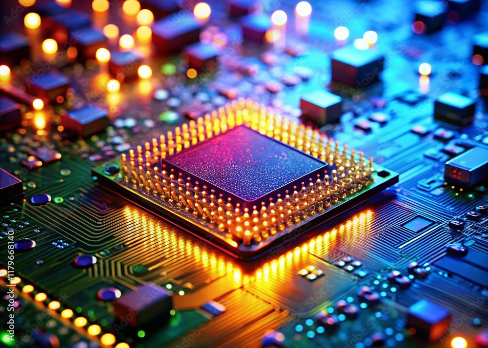 Poster high-tech microchip & processor bokeh background: abstract technology image