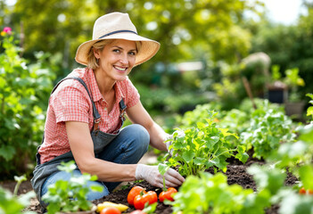 Young woman working in a vegetable garden on beds with young plants in spring