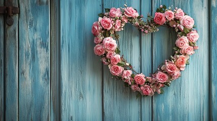 A heart-shaped wreath made of roses hanging on a rustic wooden door
