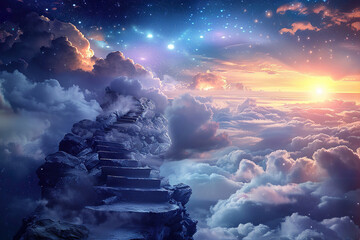 Fantastically beautiful staircase leading to cloudy deep sky at natural light, abstract vivid composition consists of fictional unreal fantastic vision on background