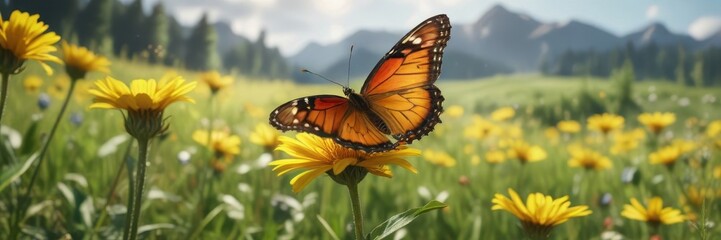 Obraz premium Vibrant butterfly perched on a yellow flower in a sunny meadow, colorful, butterfly, flower