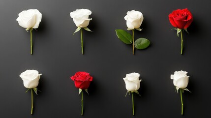 Obraz premium A row of white and red roses are arranged in a pattern on a black background