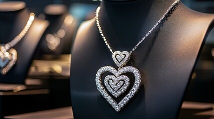 A high-end jewelry store showcasing diamond necklaces in heart-shaped designs
