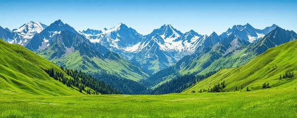 Fototapeta premium Majestic Mountains Rise Above Lush Green Valleys Scenic Landscape Panoramic View Tranquility