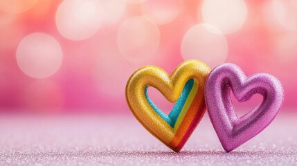 Obraz premium Colorful heart shapes against a soft, blurred background create a romantic and cheerful atmosphere.