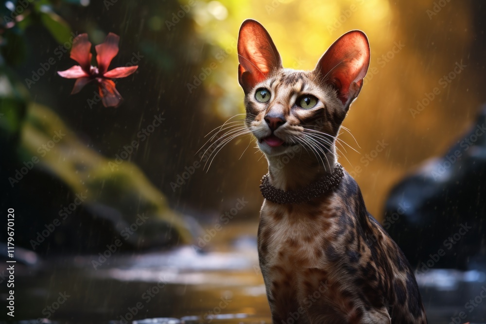 Wall mural Portrait of a smiling oriental shorthair cat on tranquil forest stream