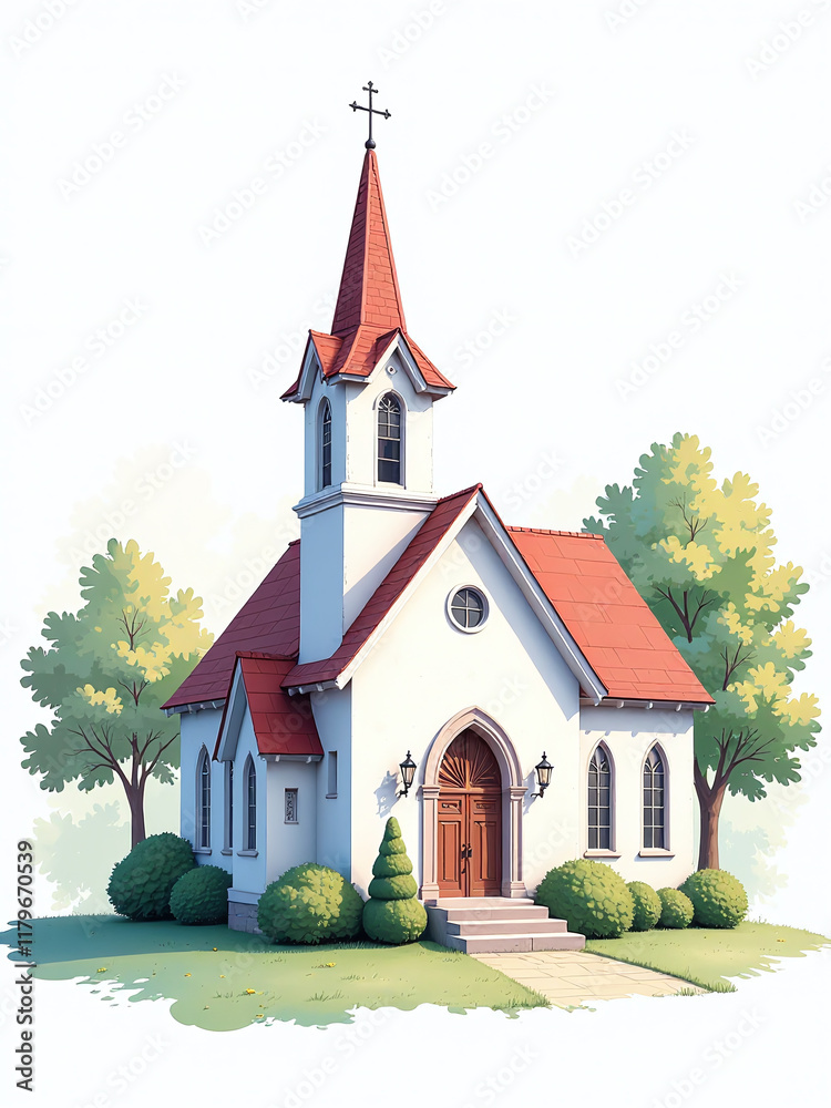 Aufkleber a digital watercolor church with white background is created using generative ai for a romantic wedd