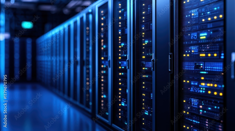 Poster row of high-tech servers in modern server room providing essential data storage and processing for d