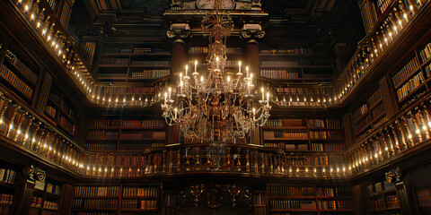 Obraz premium Interior View of a Circular Library with Ornate Chandelier and Book-Filled Shelves