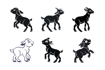 Cute Black and White Goat Silhouettes for Design on  a white background