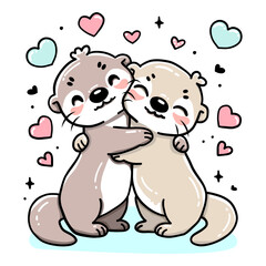 Romantic illustration of two hugging otters with hearts, for valentine greetings, love themed cards, wedding, anniversaries, romantic decorations, adorable animal characters, celebrations vector desig