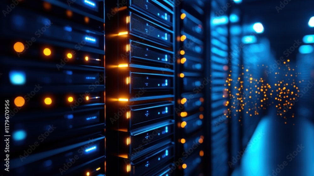 Poster hightech server room with multiple racks of servers illuminated by soft blue light creating a modern