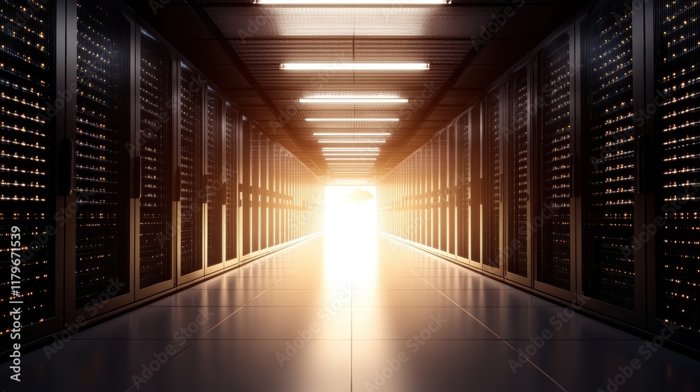 Poster expansive data center corridor featuring rows of high tech servers illuminated by soft cool lighting