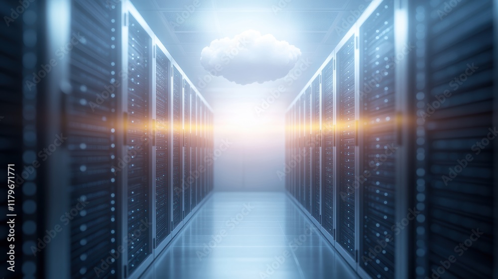Poster high tech server room with advanced server surrounded by soft white cloud creating a futuristic and 