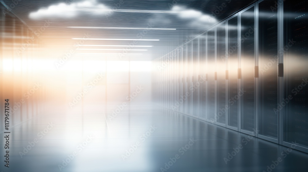 Poster expansive hallway filled with rows of gleaming servers and modern technology creating a high-tech da