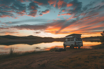 Fototapeta premium Holiday trip on large family motorhome for holiday in beautiful natural nature, abstract vivid composition consists of fictional unreal fantastic vision on background