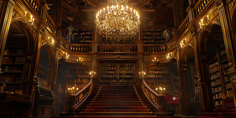 Interior View of an Ornate Library with Grand Staircase