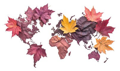 Autumn leaves forming world map.