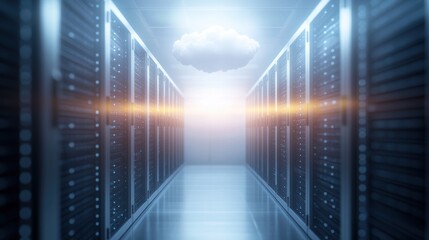 High Tech Server Room with Advanced Server Surrounded by Soft White Cloud Creating a Futuristic and Innovative Environment