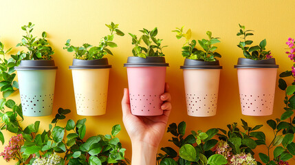 Pastel Coffee Cups Planters with Blooming Plants: A Springtime Delight