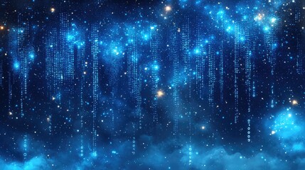 Digital code falling like stardust in a night sky, abstract background for technology or space themes.