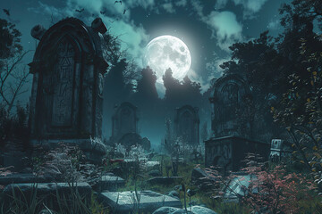 Fototapeta premium Fantastically mysterious cemetery with tombstones and terribly scary atmosphere, abstract vivid composition consists of fictional unreal fantastic vision on background