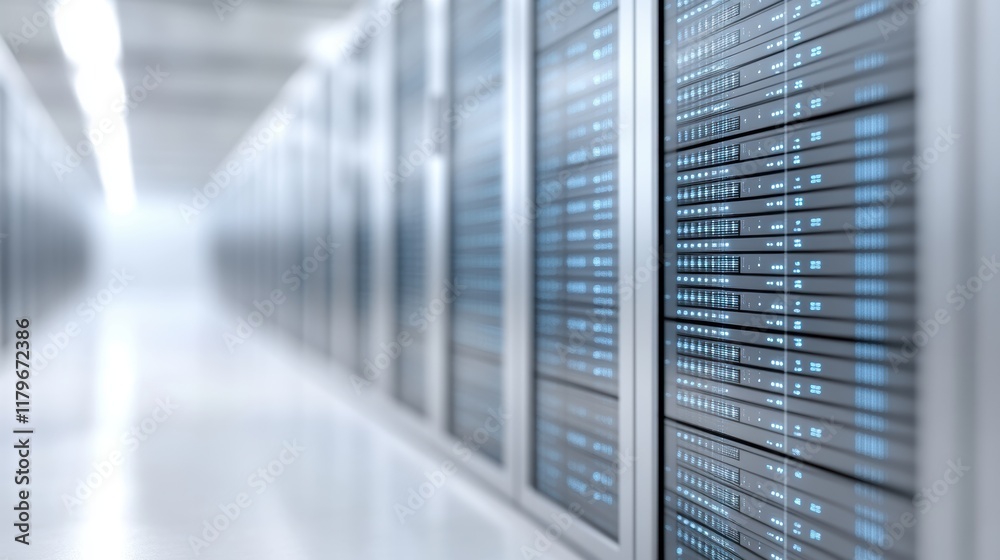 Poster rows of servers in a modern data center with bright led lights and cool color palette creating a hig