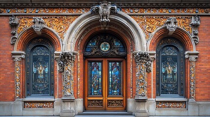 Obraz premium Ornate Brick Building Entrance with Stained Glass