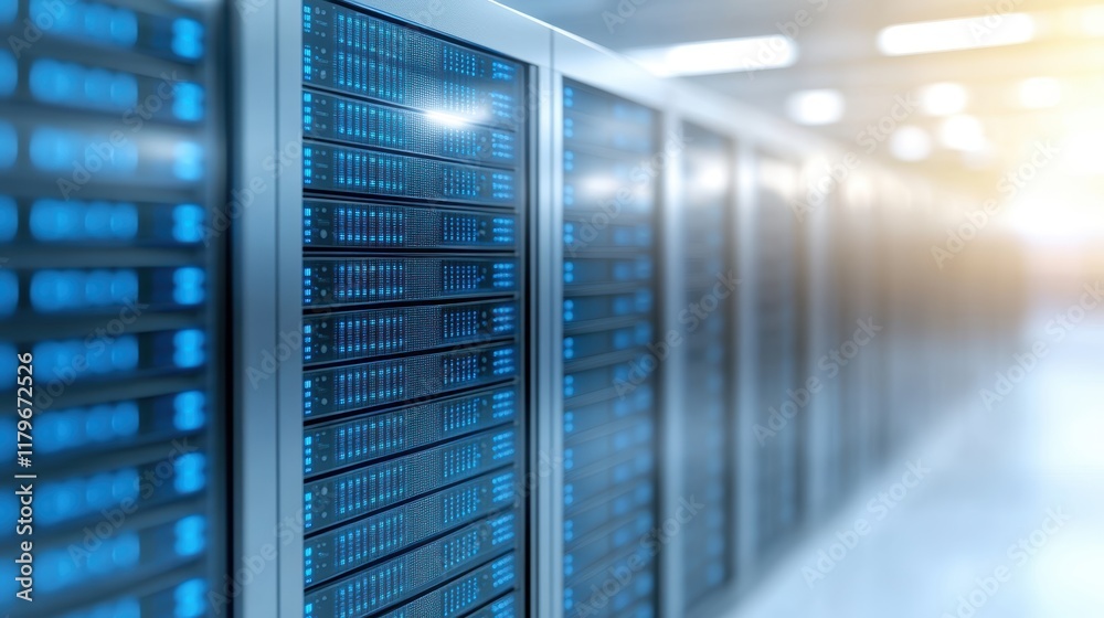Poster high-tech server in modern server room with cables and networking equipment creating an efficient da