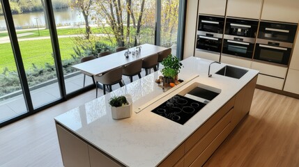 Fototapeta premium A top-down shot of a modern kitchen with a rectangular island, white quartz worktops, built-in stainless steel appliances, and large glass windows overlooking a city park.