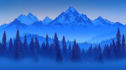 Obraz premium Majestic Mountain Landscape at Dusk with Blue Tones and Lush Pine Forest in the Foreground