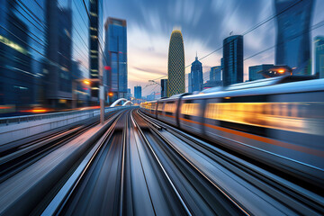Modern big high-speed train in fast motion passes through railway stations, abstract vivid composition consists of fictional unreal fantastic vision on background