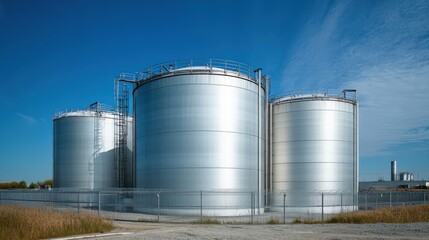 Fototapeta premium Three large tanks are lined up in a field, with a fence surrounding the area