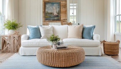 Coastal Living Room Decor White Sofa Rattan Coffee Table Neutral Pillows