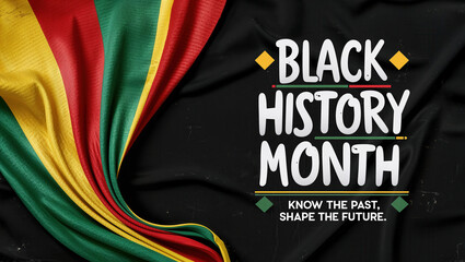 Vibrant Black History Month celebration banner with dynamic red, green, and yellow flag elements on a textured black background. Ideal for awareness posters, websites, and headers, AI