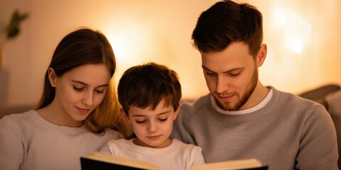 Fototapeta premium Easter religion community concept. A family reads together warmly in a cozy setting, sharing a moment of togetherness and joy.
