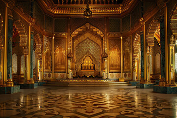 Obraz premium Fantastically beautiful throne of power of king or queen in throne room, abstract vivid composition consists of fictional unreal fantastic vision on background