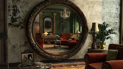 A Glimpse Through Time, An Ornate Mirror Reflecting a Classic, Elegant Interior
