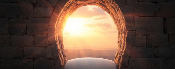 Easter religion community concept. Sunlight streaming through a stone arch, illuminating the landscape beyond at dawn.