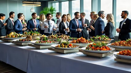 Professional business event with diverse group networking near a buffet table filled with fresh gourmet dishes


