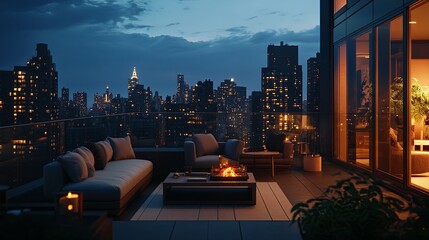 A luxury rooftop lounge with modern furniture, ambient lighting, and city views